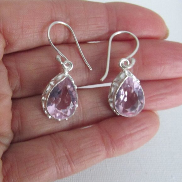 Lab Morganite Pink Stone Sterling Silver Dangle Earrings - Picture 7 of 7